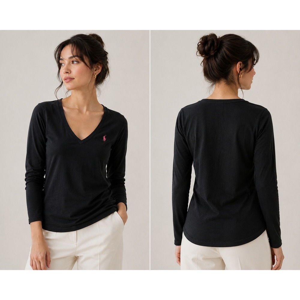 Ralph Lauren VNeck Top Women L Black Long Sleeve Pink Pony Casual Classic Preppy